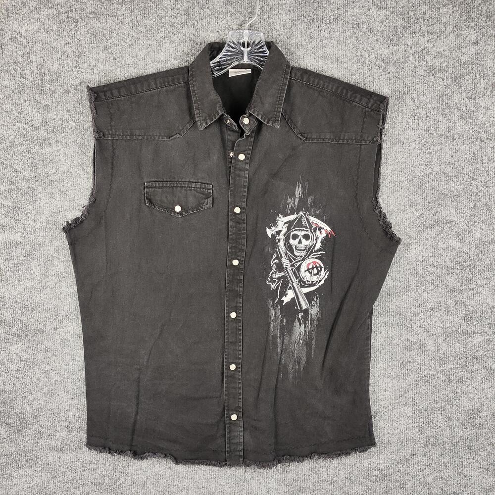 SOA Shirt Mens Medium Black Denim Sleeveless Sons Of Anarchy Reaper Graphic